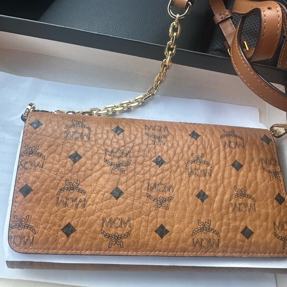 Authenic MCM Visetos Chain Wallet Crossbody Purse